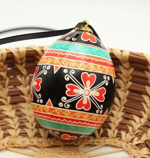 Pysanky Easter Egg Ornament, Ukrainian Batik Art, Red Flowers